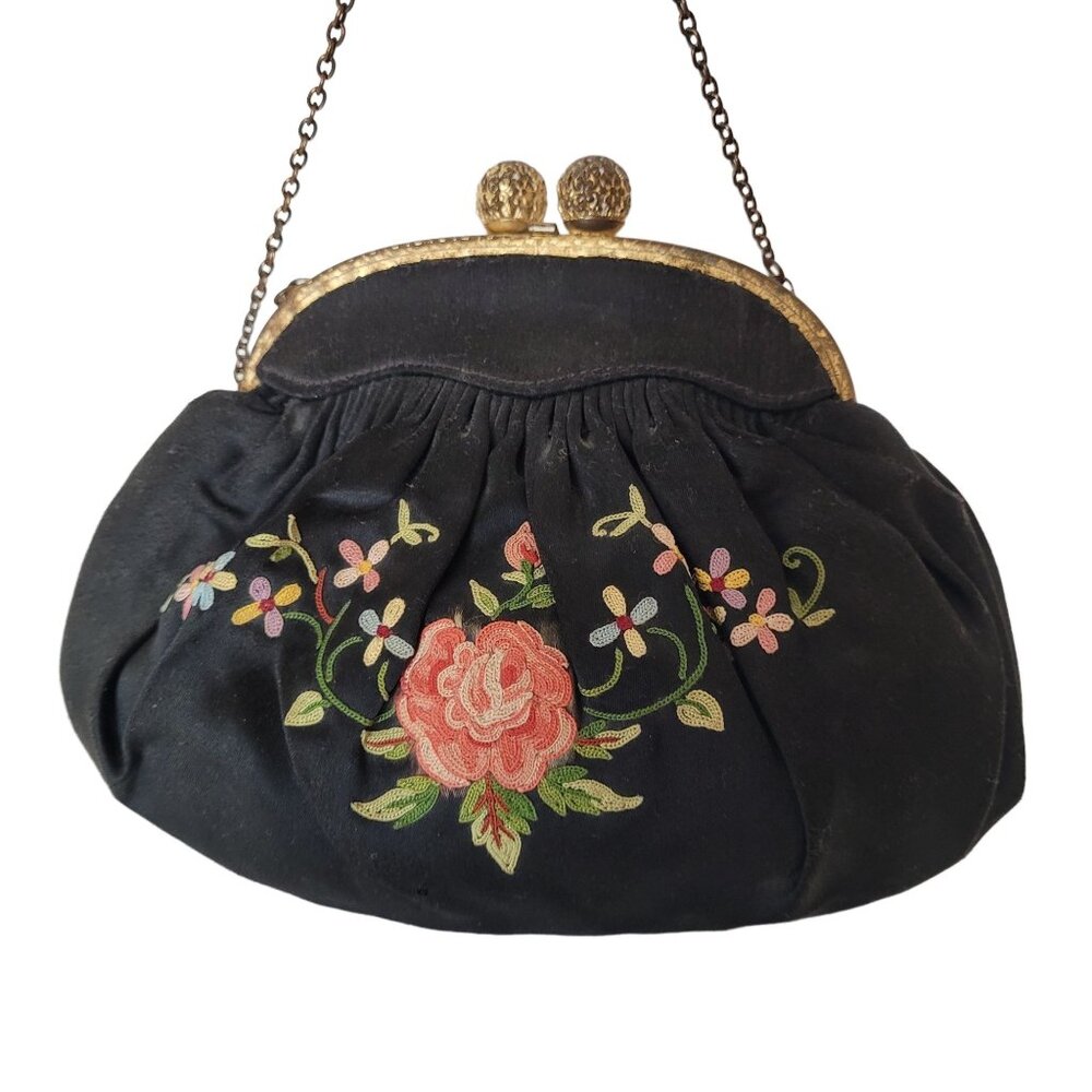 Vintage Black Kiss Lock Clasp Purse Hand Embroidered Rose Vines and Flowers
